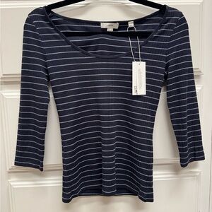 Vince Navy Striped Ribbed 3/4 Sleeve Scoop Neck Top XXS NWT